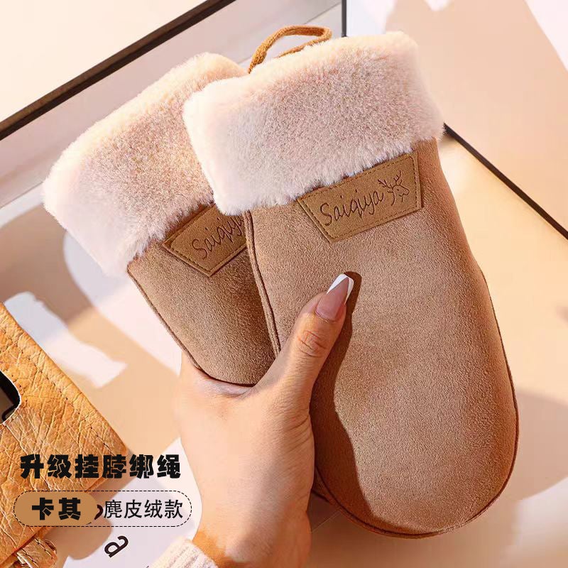 Warm Suede Gloves Fleece-Lined Thickened Cold-Proof Gloves Student Riding Windproof Bag Finger - Image 1
