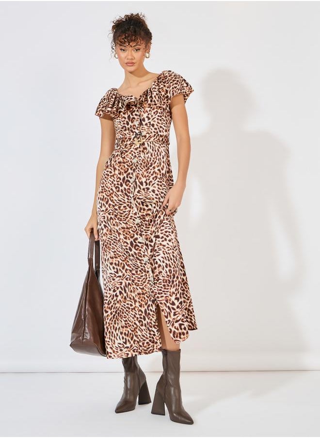 Styli - Animal Print Ruffle Detail A-Line Maxi Dress - Image 1