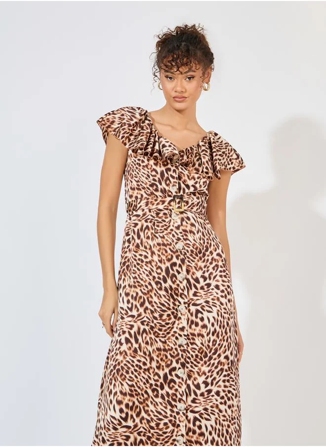 Styli Animal Print Ruffle Detail A-Line Maxi Dress