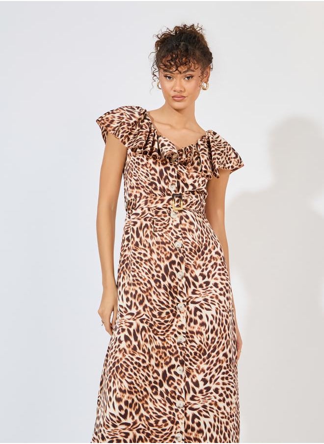 Styli - Animal Print Ruffle Detail A-Line Maxi Dress - Image 1