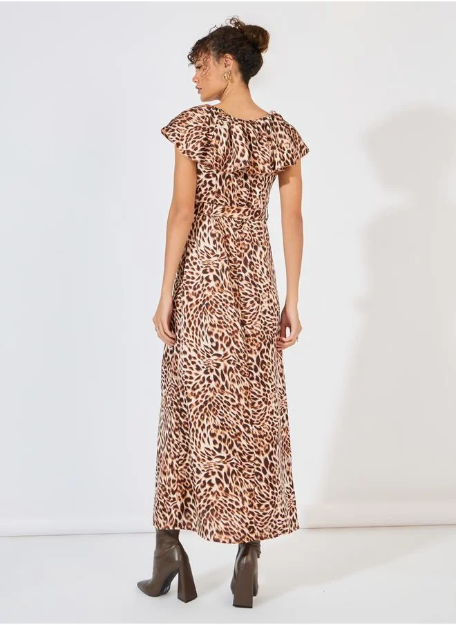 Styli Animal Print Ruffle Detail A-Line Maxi Dress