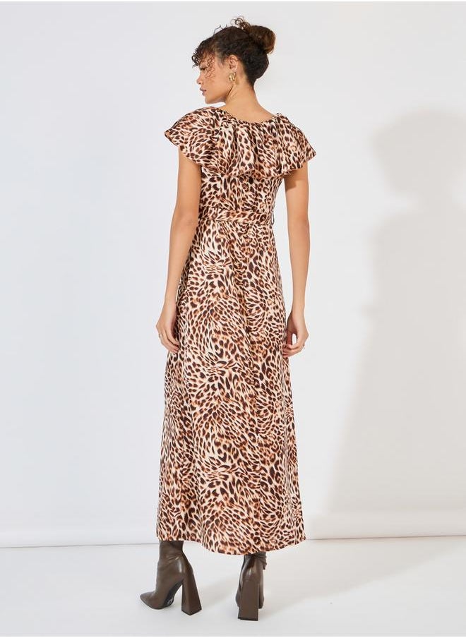 Styli - Animal Print Ruffle Detail A-Line Maxi Dress - Image 1