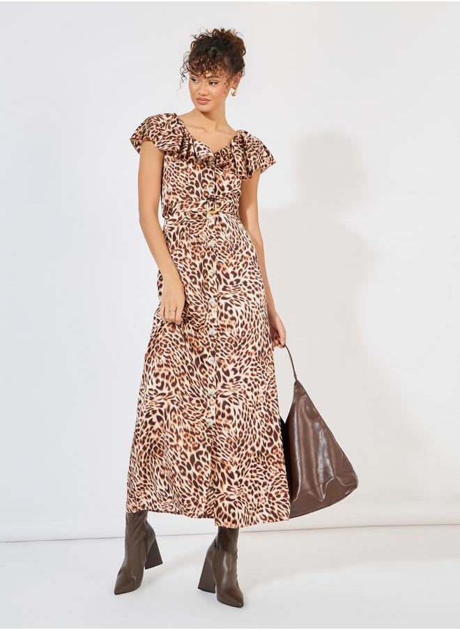Styli - Animal Print Ruffle Detail A-Line Maxi Dress - Image 1