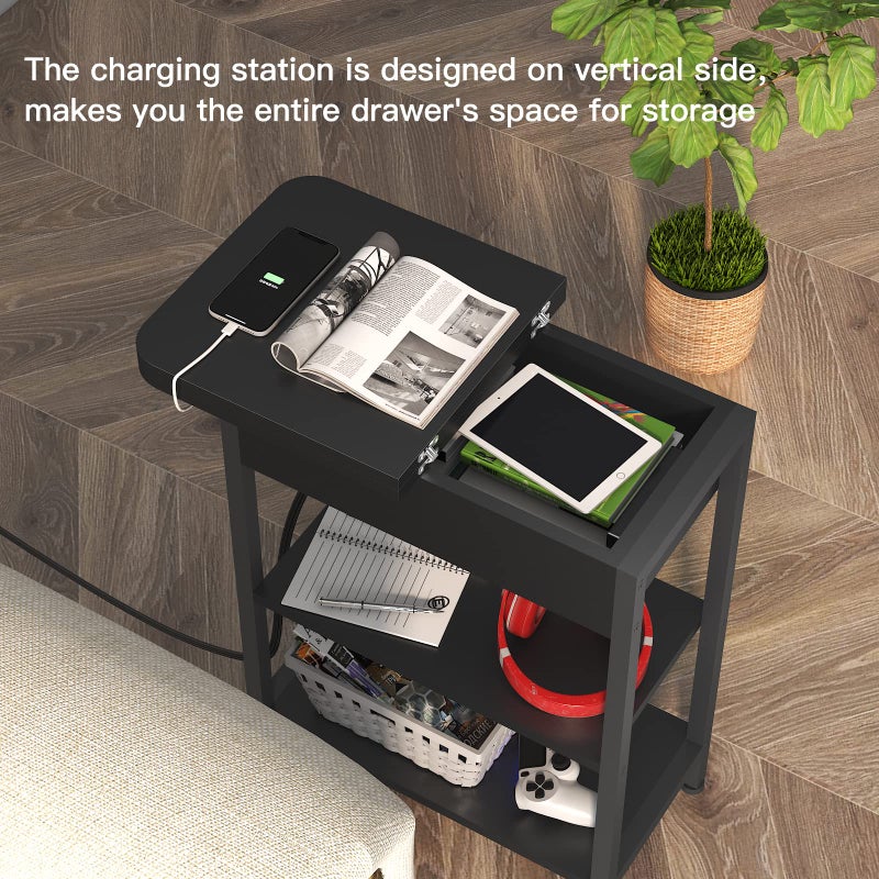 LIDYUK End Table with Charging Station, Flip Top Side Table with USB Ports and Outlets, Nightstand for Small Spaces, Bedside Tables with Storage Shelf for Living Room, Bedroom, Black - Image 3