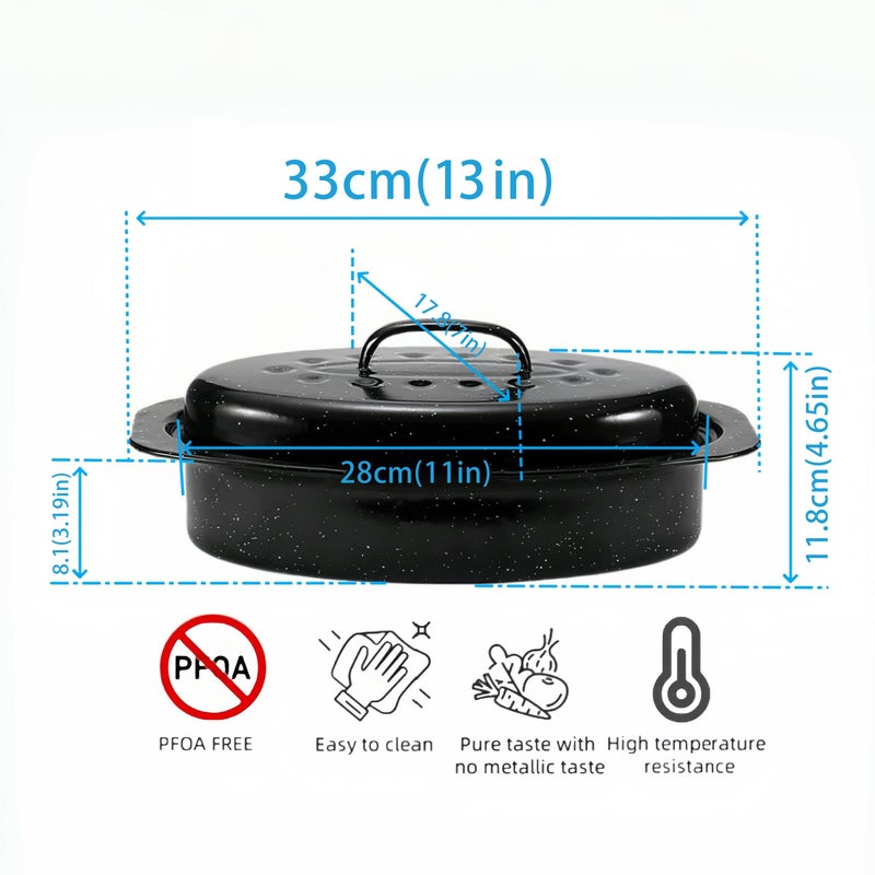 16 Inch Enamel Baking Pan with Lid for Roasting Turkey Bread Beef Vegetables Oval Oven Tray - Image 3
