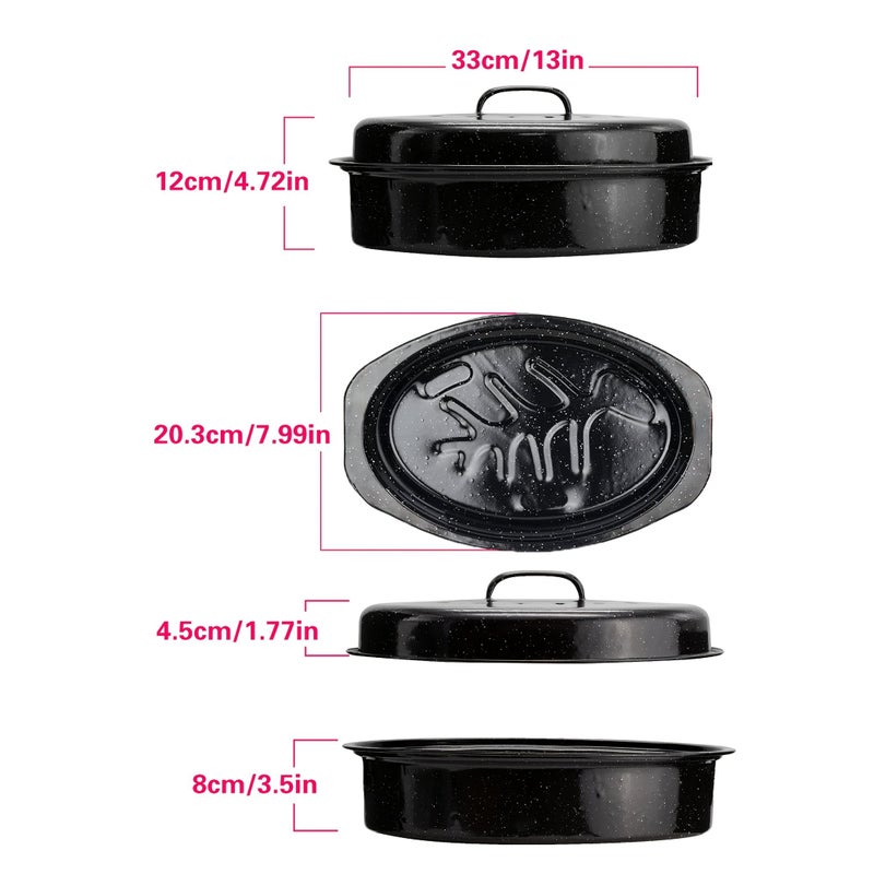16 Inch Enamel Baking Pan with Lid for Roasting Turkey Bread Beef Vegetables Oval Oven Tray - Image 4