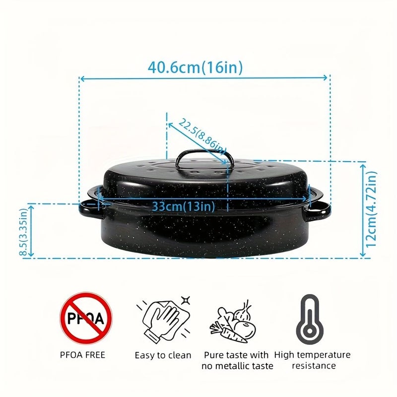 16 Inch Enamel Baking Pan with Lid for Roasting Turkey Bread Beef Vegetables Oval Oven Tray - Image 5