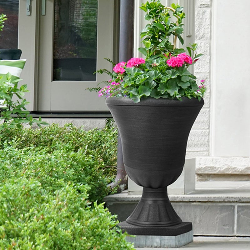 Worth Garden 2-Pack Plastic Urn Planters for Outdoor Plants, 22'' Black Tall Round Classic Resin Traditional Flower Pots - 15 in. Dia. Large Imitation Stone Decorative Pot Patio Deck Front Porch - Image 2