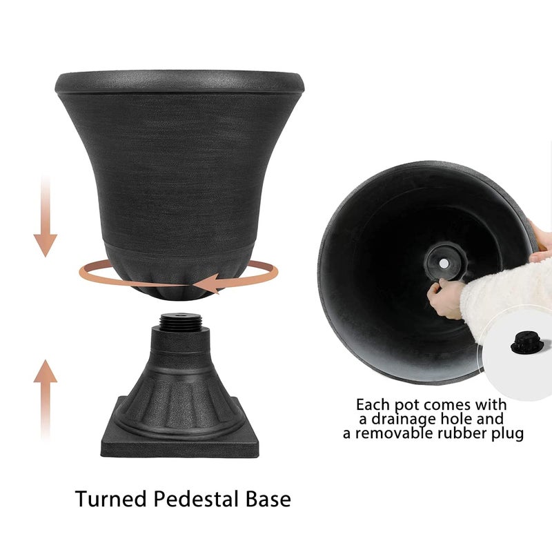 Worth Garden 2-Pack Plastic Urn Planters for Outdoor Plants, 22'' Black Tall Round Classic Resin Traditional Flower Pots - 15 in. Dia. Large Imitation Stone Decorative Pot Patio Deck Front Porch - Image 3