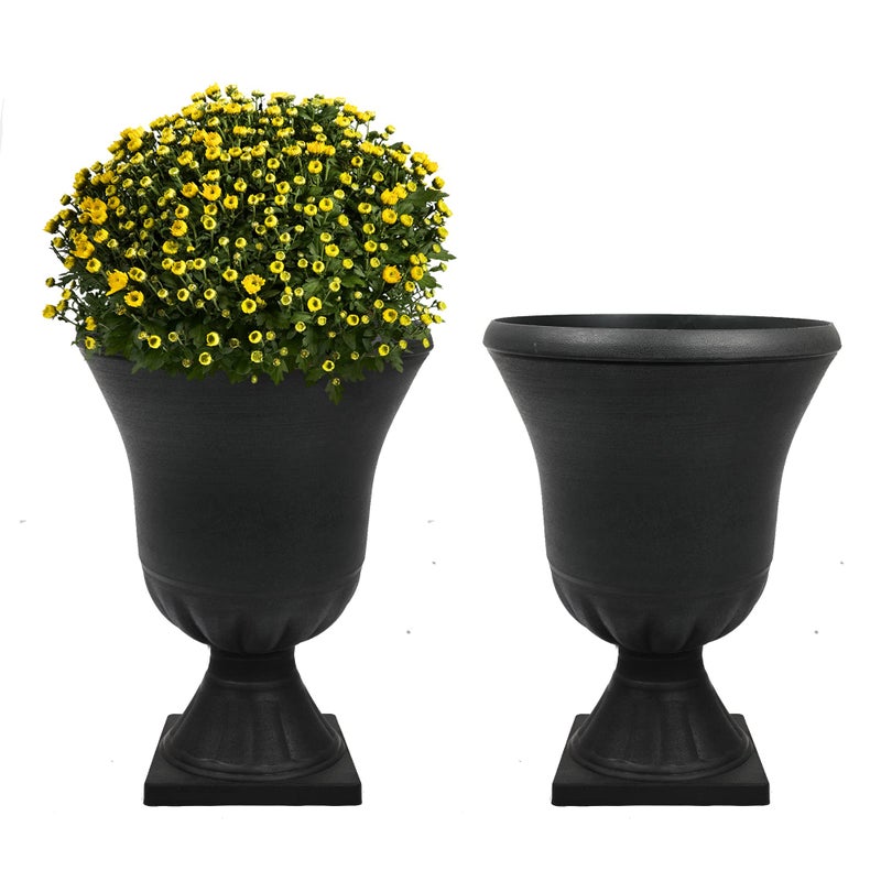 Worth Garden 2-Pack Plastic Urn Planters for Outdoor Plants, 22'' Black Tall Round Classic Resin Traditional Flower Pots - 15 in. Dia. Large Imitation Stone Decorative Pot Patio Deck Front Porch - Image 1