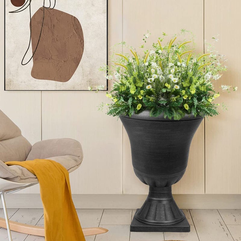 Worth Garden 2-Pack Plastic Urn Planters for Outdoor Plants, 22'' Black Tall Round Classic Resin Traditional Flower Pots - 15 in. Dia. Large Imitation Stone Decorative Pot Patio Deck Front Porch - Image 4
