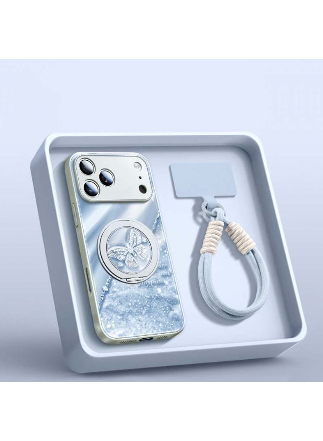 iPhone 17 Pro Max Case Cover Protector Protection, مع MagSafe, مغناطيس قوي, تصميم فراشة لامعة, زجاج مقلص, مع قوس مغناطيسي 360 درجة دوار و حبل منسوج, مقاومة للارتداء للصدمات, إكسسوارات متنقلة, للنساء الرجال (أزرق)