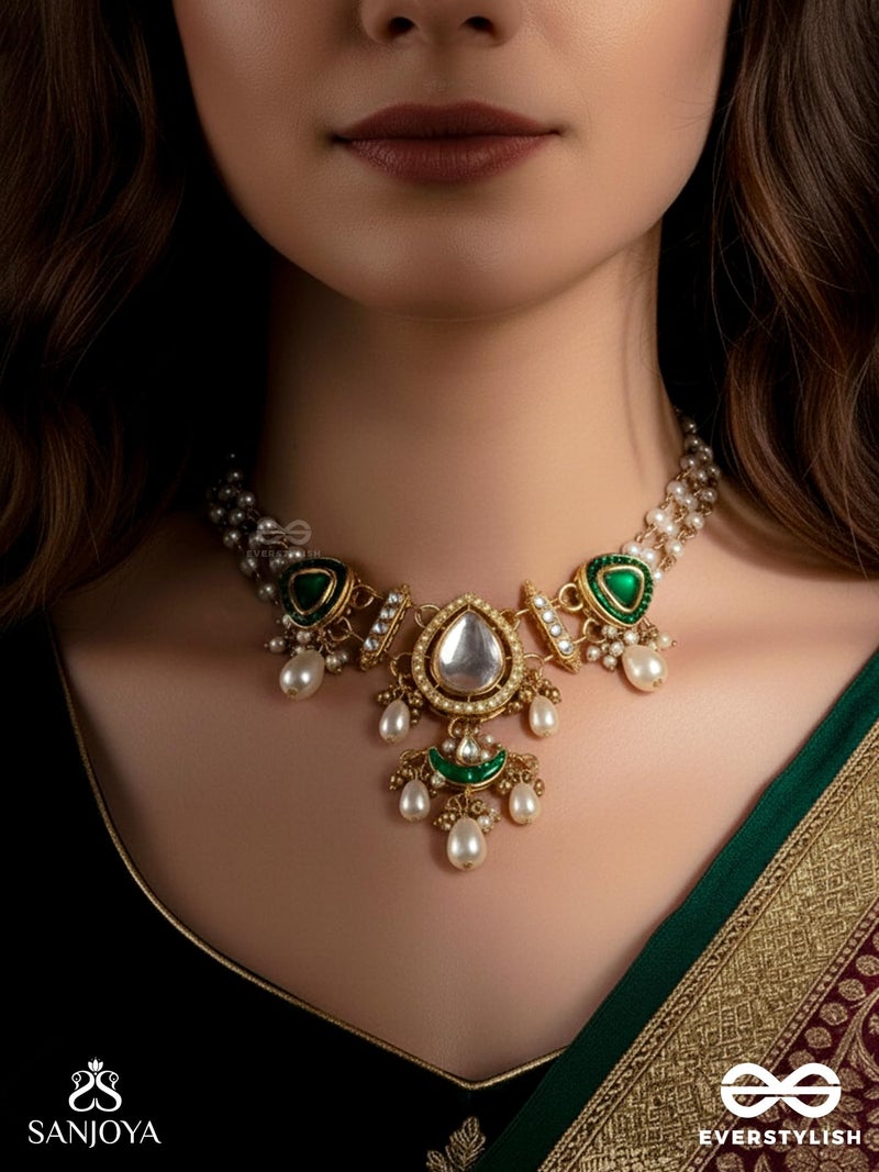 SANJOYA BY EVERSTYLISH Ratnodya Rising Gem Dazzling Kundan Choker With Pearls And Royal Green And Gold Accents Lightweight Jewelry For Women | Party, Festive, Wedding & Gifting - Image 2