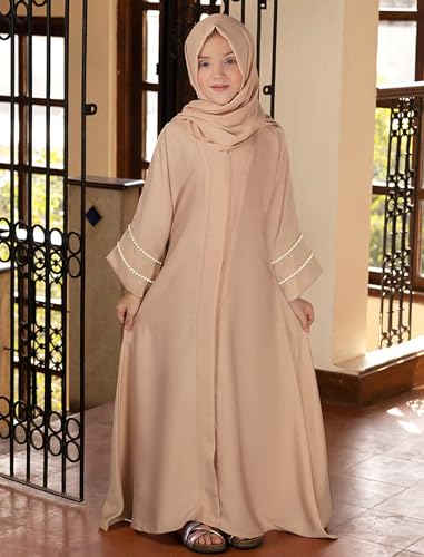 IKADEX Kids Girls Muslim Abaya Dress Modest Pearl Sleeve Cardigan Kaftan Chiffon Hijab Islamic Ramadan Prayer Clothes Champagne 1112y - Image 3