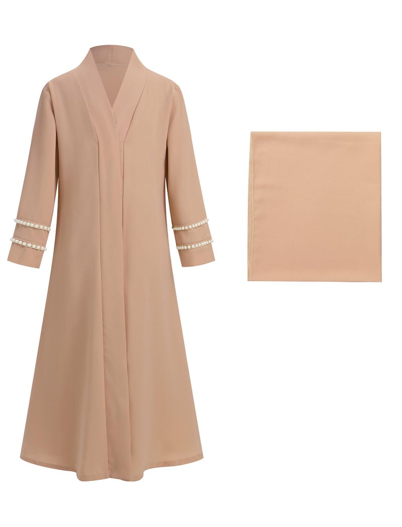 IKADEX Kids Girls Muslim Abaya Dress Modest Pearl Sleeve Cardigan Kaftan Chiffon Hijab Islamic Ramadan Prayer Clothes Champagne 1112y - Image 2