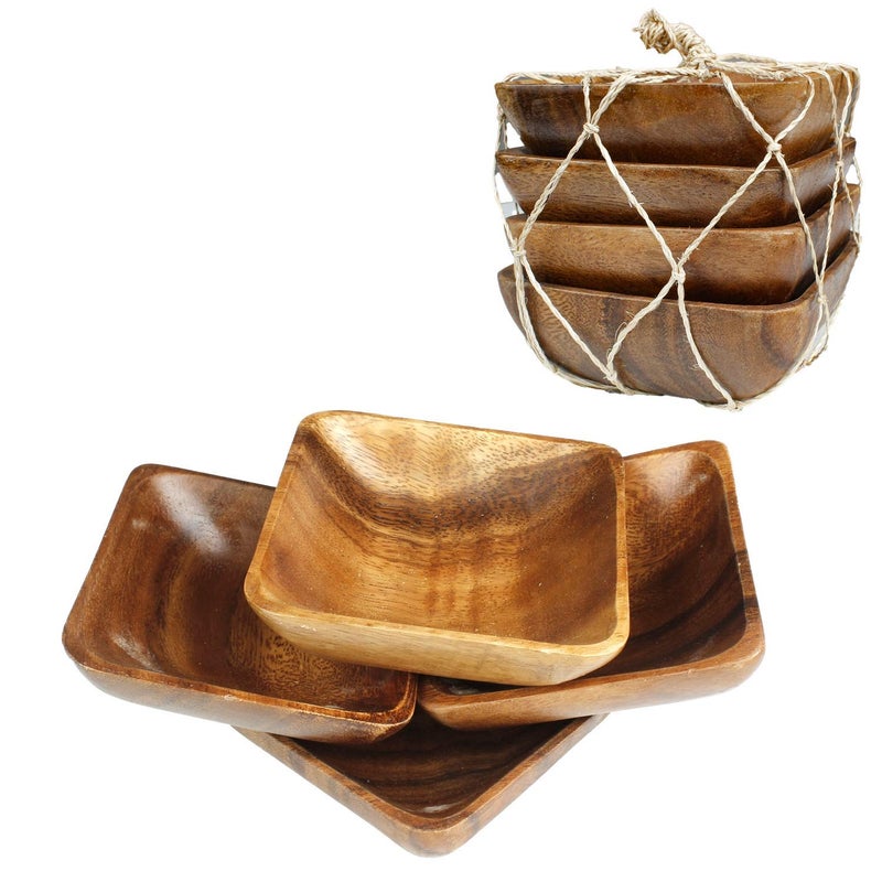 BSRN Acacia Handmade Wood Carved Plates - Set of 4 Calabash Bowls Size 4"" (Square) - Image 1