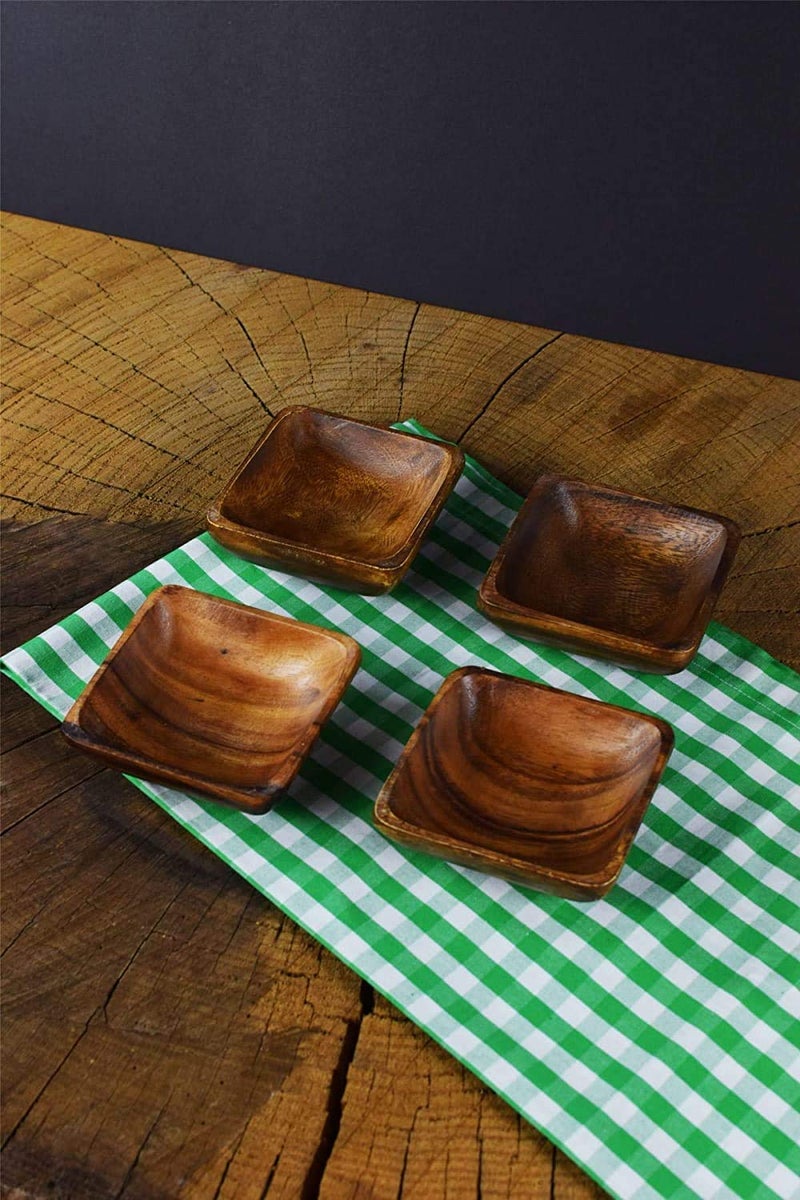 BSRN Acacia Handmade Wood Carved Plates - Set of 4 Calabash Bowls Size 4"" (Square) - Image 3