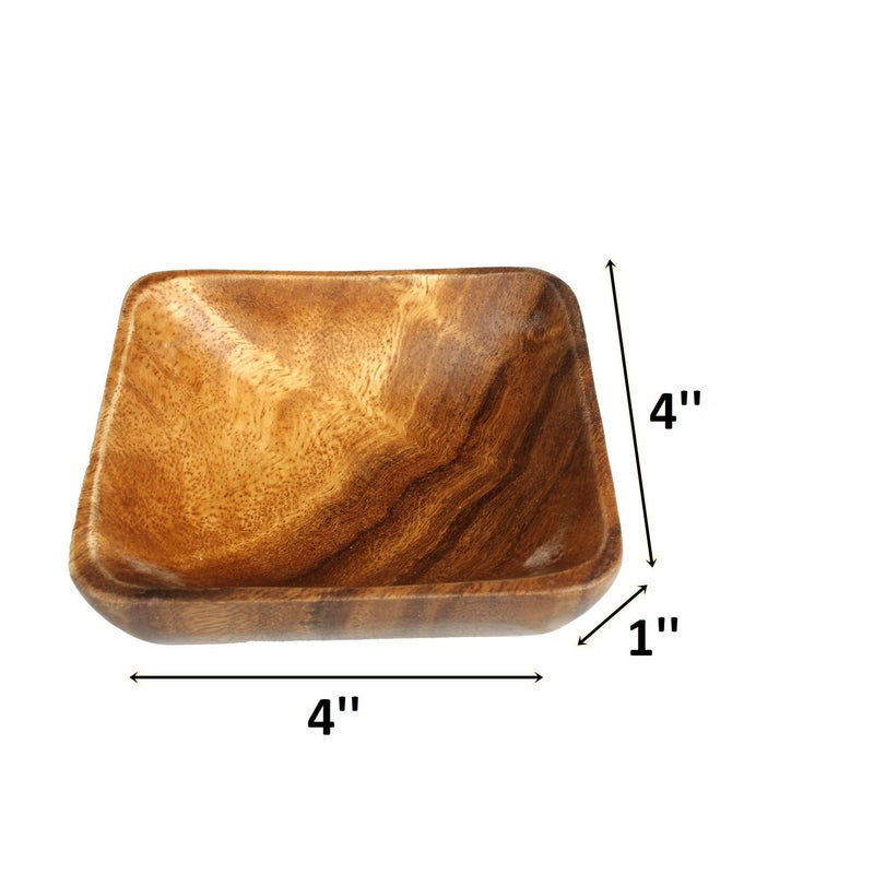 BSRN Acacia Handmade Wood Carved Plates - Set of 4 Calabash Bowls Size 4"" (Square) - Image 2
