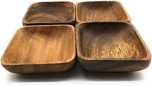 BSRN Acacia Handmade Wood Carved Plates - Set of 4 Calabash Bowls Size 4"" (Square) - Image 5