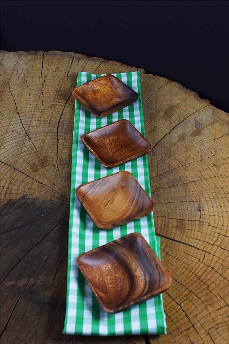 BSRN Acacia Handmade Wood Carved Plates - Set of 4 Calabash Bowls Size 4"" (Square) - Image 4