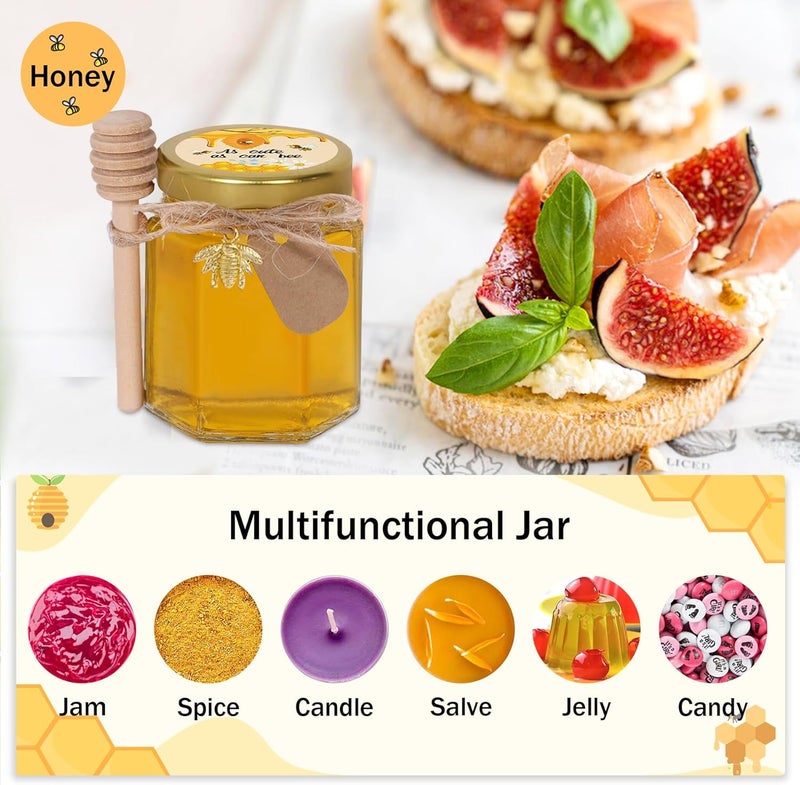 Aliggbent 70 Pack Small Honey Jars for Party Favors in Bulk, 3 oz Mini Hexagon Glass Honey Jars with Dippers, Lids, Cute Stickers, Bee Charms, Gift Bags and Jute for Baby Showers, Weddings, Birthdays - Image 5