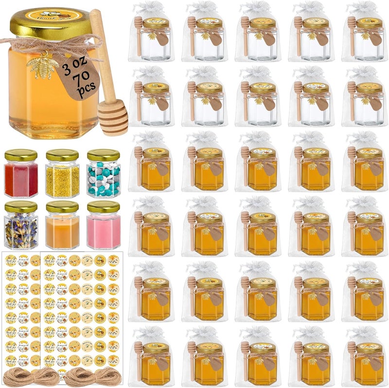 Aliggbent 70 Pack Small Honey Jars for Party Favors in Bulk, 3 oz Mini Hexagon Glass Honey Jars with Dippers, Lids, Cute Stickers, Bee Charms, Gift Bags and Jute for Baby Showers, Weddings, Birthdays - Image 1