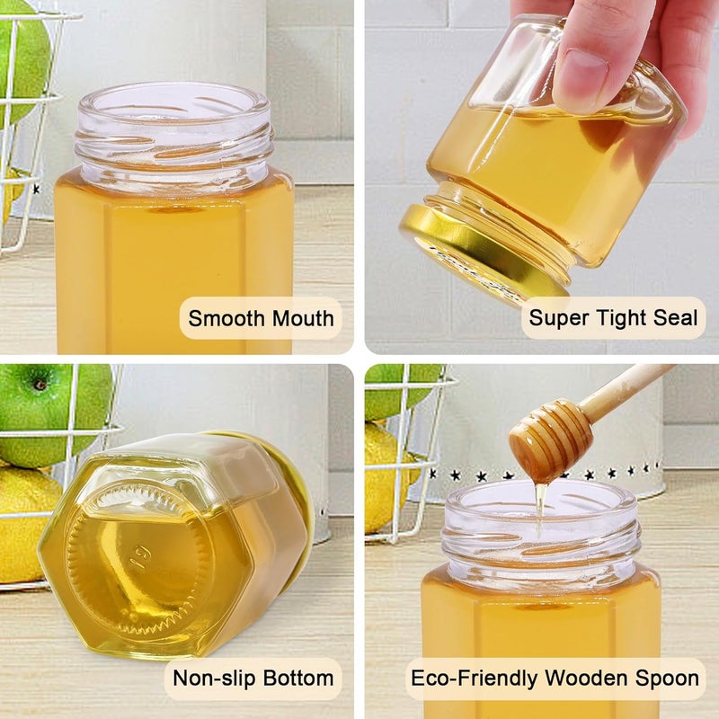 Aliggbent 70 Pack Small Honey Jars for Party Favors in Bulk, 3 oz Mini Hexagon Glass Honey Jars with Dippers, Lids, Cute Stickers, Bee Charms, Gift Bags and Jute for Baby Showers, Weddings, Birthdays - Image 4