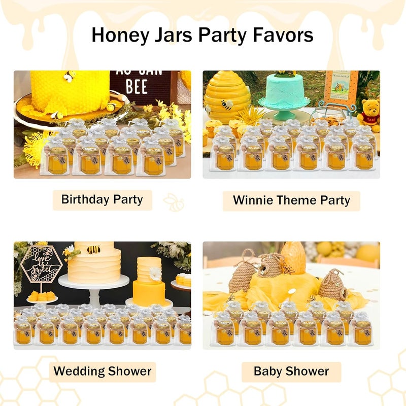 Aliggbent 70 Pack Small Honey Jars for Party Favors in Bulk, 3 oz Mini Hexagon Glass Honey Jars with Dippers, Lids, Cute Stickers, Bee Charms, Gift Bags and Jute for Baby Showers, Weddings, Birthdays - Image 3