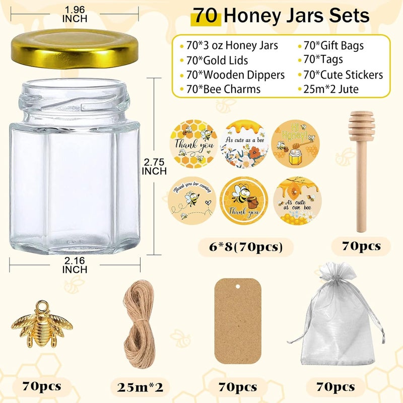 Aliggbent 70 Pack Small Honey Jars for Party Favors in Bulk, 3 oz Mini Hexagon Glass Honey Jars with Dippers, Lids, Cute Stickers, Bee Charms, Gift Bags and Jute for Baby Showers, Weddings, Birthdays - Image 2