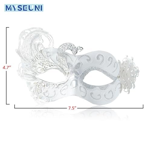 MYSEUNI 2025 New White Masquerade Mask for Women-Peacock Metal Masquerade Venetian Mask Silver- Masks for Women Butterfly - Mardi Gras, Halloween Parties, Costume Party, Carnivals, Wedding - Image 3