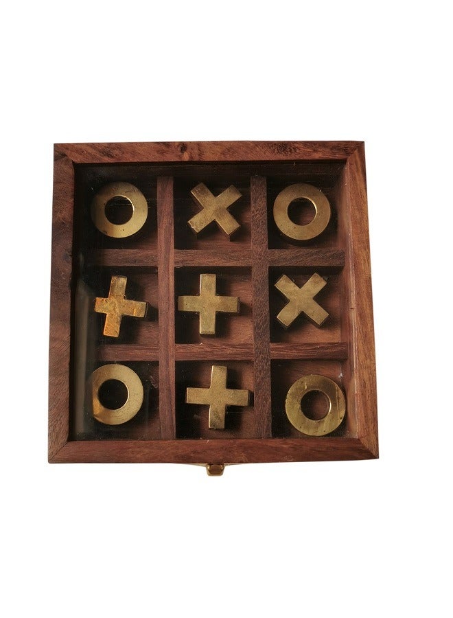 Handmade Wooden Tic-Tac-Toe Game With Brass Decorations In A Box With Glass Lid - Image 1