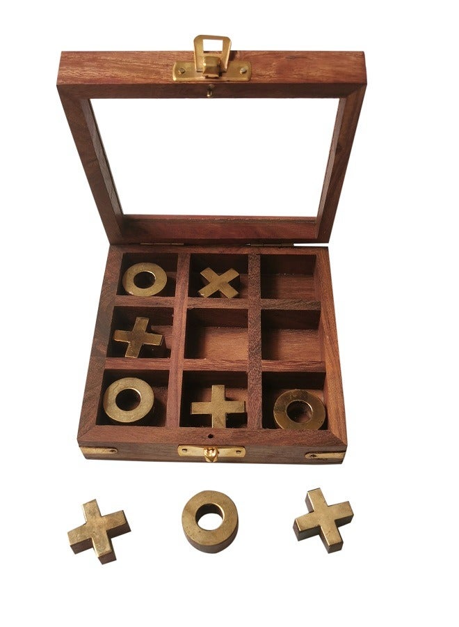 Handmade Wooden Tic-Tac-Toe Game With Brass Decorations In A Box With Glass Lid - Image 2