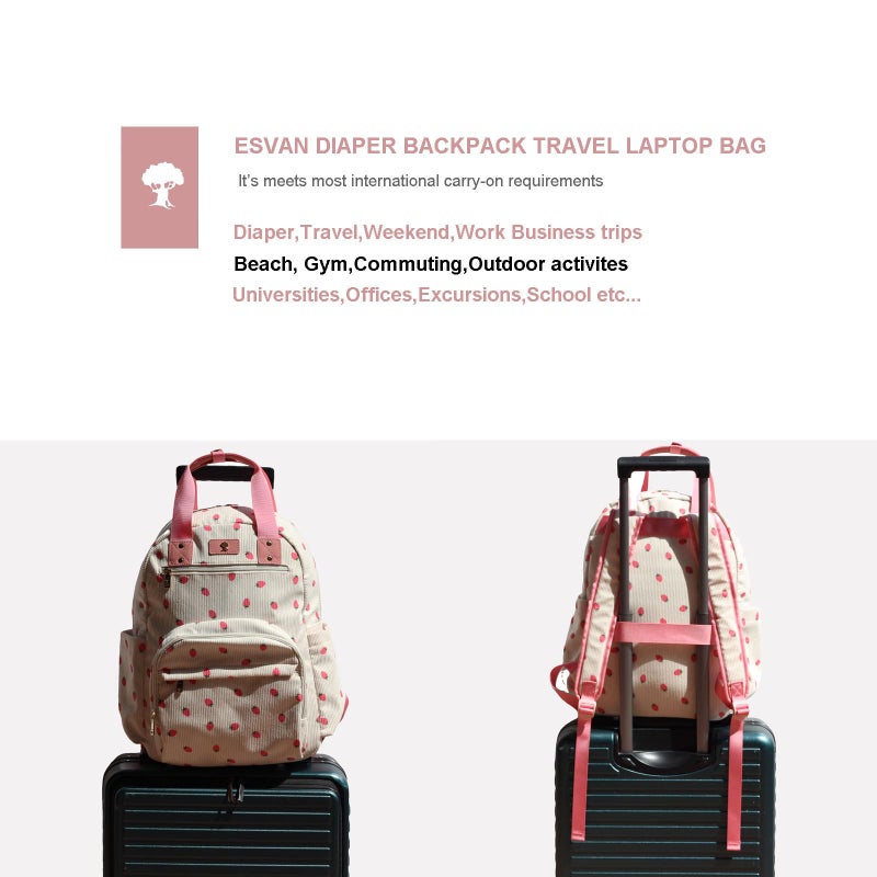 ESVAN Diaper Bag Backpack, Large Capacity Multifunction Baby Essentials Fashion Travel Pack Linen Canvas office Laptop Bag (Corduroy Pink Strawberry) - Image 5