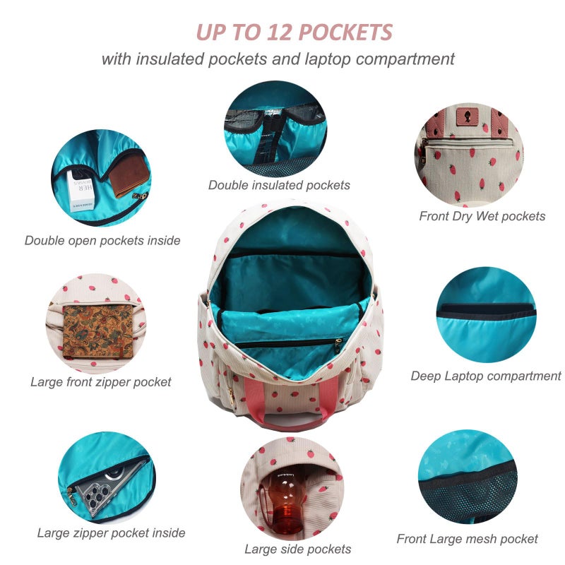 ESVAN Diaper Bag Backpack, Large Capacity Multifunction Baby Essentials Fashion Travel Pack Linen Canvas office Laptop Bag (Corduroy Pink Strawberry) - Image 4
