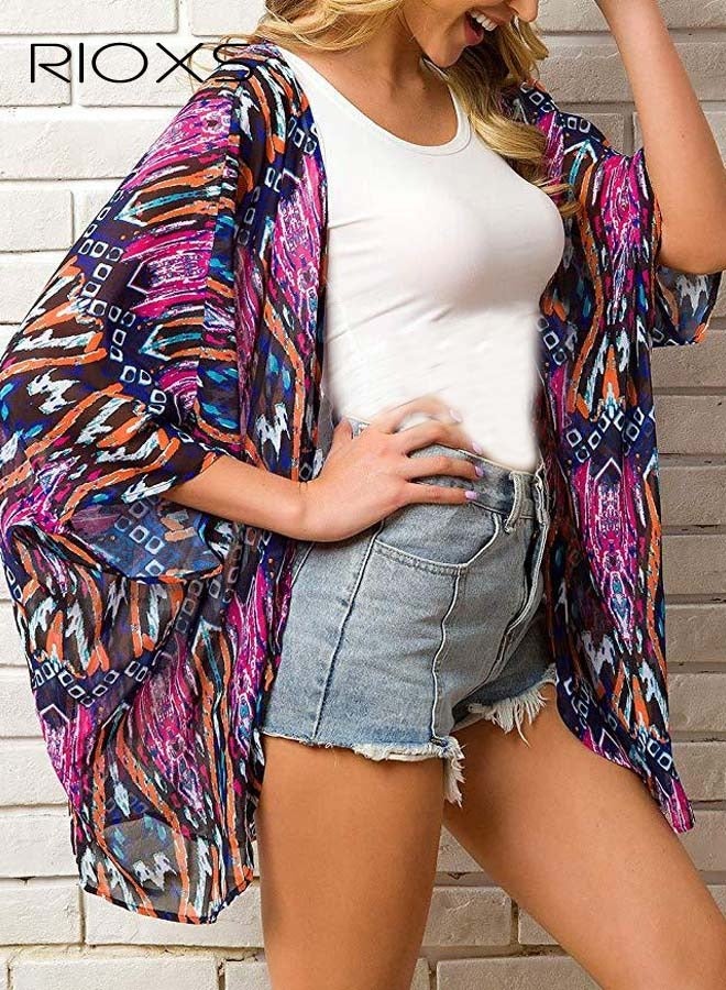 RIOXS Women Casual Floral Print Beach Cover Ups Short Sleeve Kimono Cardigan Loose Beach Swimsuit Dress  - Image 3