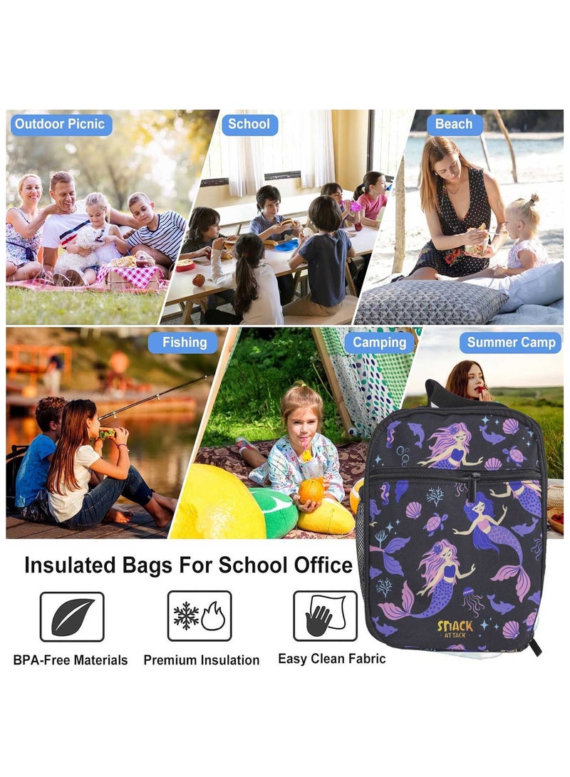 Snack attack Snack Attack Kids Insulated Lunch Bag – Mermaid Ocean Fantasy Theme – Leakproof & Lightweight – Thermal Lining with Adjustable Strap & Mesh Side Pocket – Ideal for Girls Ages 3–10  - Image 3