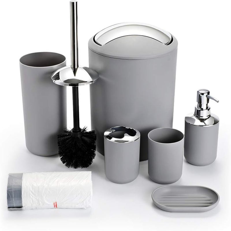 UYCCIMB Bathroom Sets Accessories,Plastic 6 Piece Bathroom Accessory Set Bathroom Trash Can Set With Drawstring Trash Bags,Toothbrush Holder Set,Soap dispenser,Tooth Mug,Soap Dish,Toilet Brush Holder(Grey) - Image 1