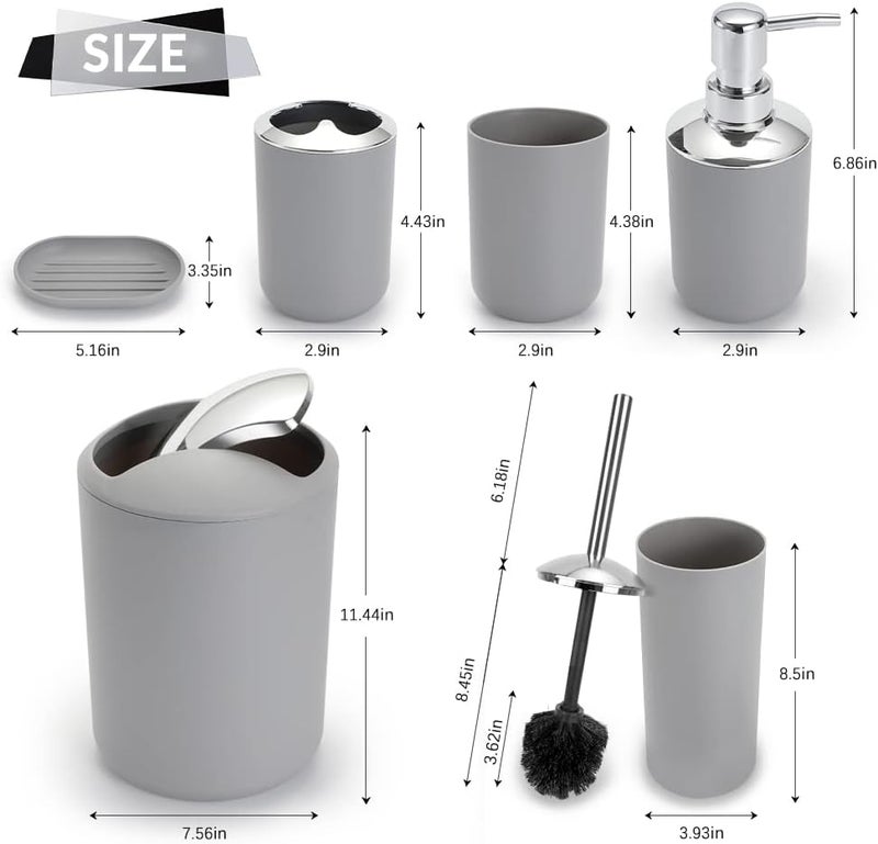 UYCCIMB Bathroom Sets Accessories,Plastic 6 Piece Bathroom Accessory Set Bathroom Trash Can Set With Drawstring Trash Bags,Toothbrush Holder Set,Soap dispenser,Tooth Mug,Soap Dish,Toilet Brush Holder(Grey) - Image 2