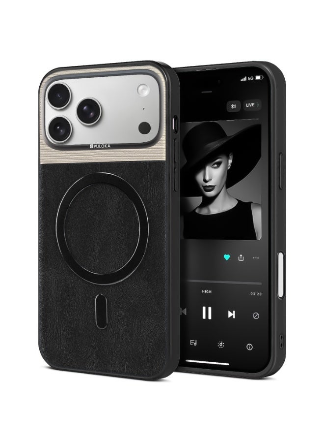 Luxury Leather Back Protection Case, Two-Tone Design with Stylish Metal Camera Frame, MagSafe Compatible for iPhone 17 Pro Max (Black)