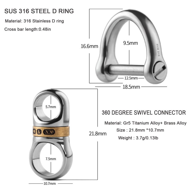 TISUR Titanium Key Ring for Keychain,Carabiner Key Chain Rings Connector with Detachable Keyring,Key Chain Assecories (1PC Titanium Copper Swivel +1PC SUS D-ring) - Image 3
