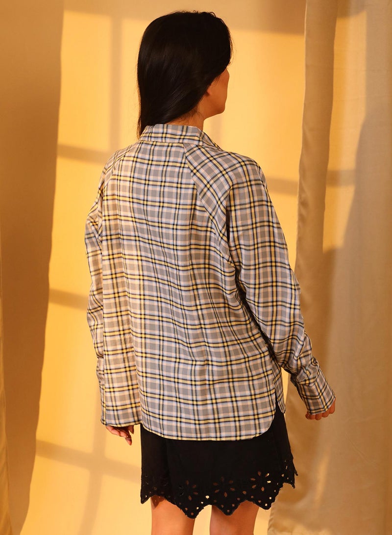 PINACOLADA Women's Moon Grey & Butter Yellow Tartan Plaid Boxy Shirt  - Image 5
