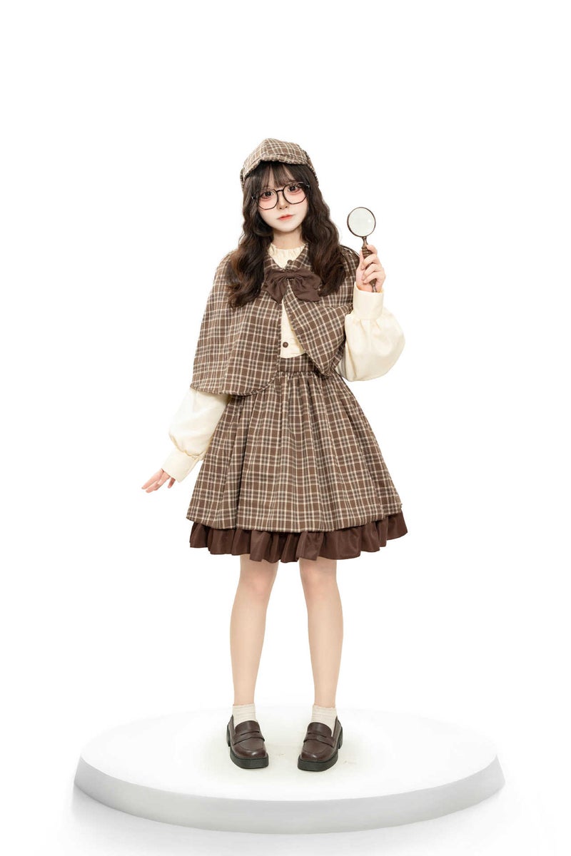 Adult Children Sherlock Holmes Detective cosplay Costume Lolita Dress British Academy Style with Shawl Adult (hat coat dress bow)
