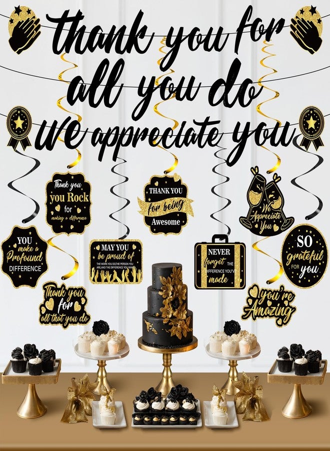 LUUFILx Black Gold We Appreciate You Decorations Thank You Banner with Appreciate Hanging Swirls Thank You For All You Do Decor for Teacher Doctor Nurse Employee Staff Graduation Appreciation Party Supplies - Image 2