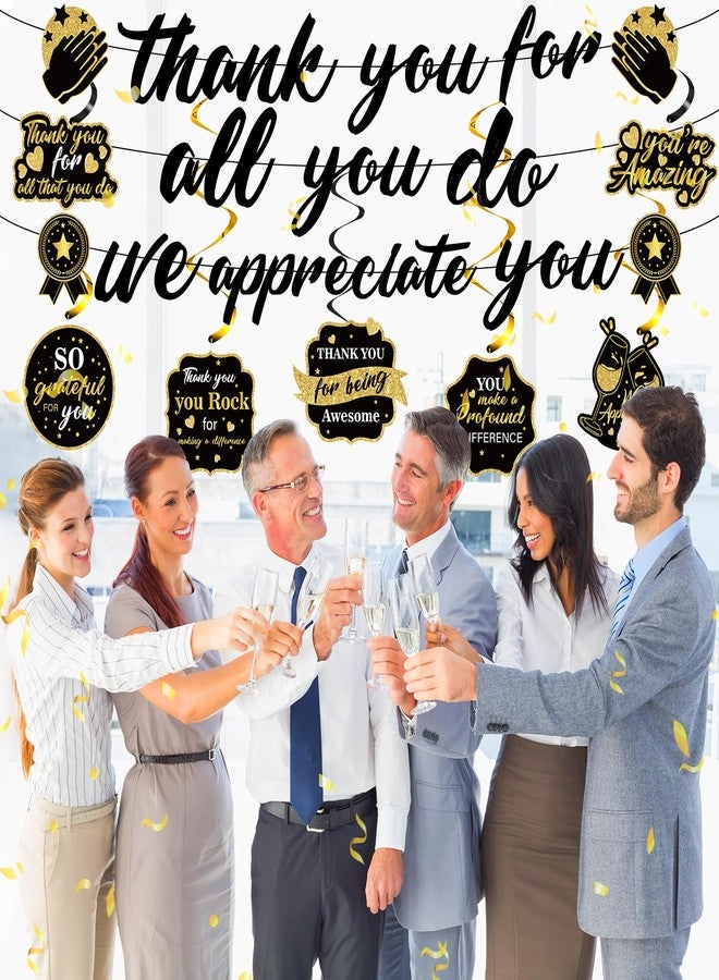 LUUFILx Black Gold We Appreciate You Decorations Thank You Banner with Appreciate Hanging Swirls Thank You For All You Do Decor for Teacher Doctor Nurse Employee Staff Graduation Appreciation Party Supplies - Image 4