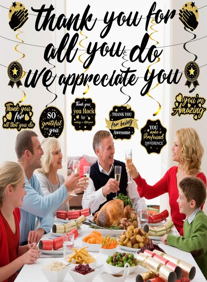 LUUFILx Black Gold We Appreciate You Decorations Thank You Banner with Appreciate Hanging Swirls Thank You For All You Do Decor for Teacher Doctor Nurse Employee Staff Graduation Appreciation Party Supplies - Image 3