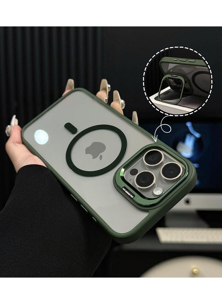 Folding Camera Bracket Matte Magnetic Case for iPhone 16 Pro, Wireless Charging with Lens Film Shock-proof Cover, Deep Green - Image 2