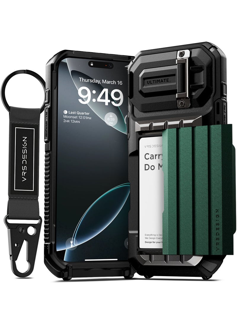 VRS Design Damda Glide Ultimate for iPhone 16 Pro MAX case cover wallet [Semi Automatic] slider Credit card holder Slot [4 cards] & Camera lens Protector Kickstand [STRAP included] - Metallic Green