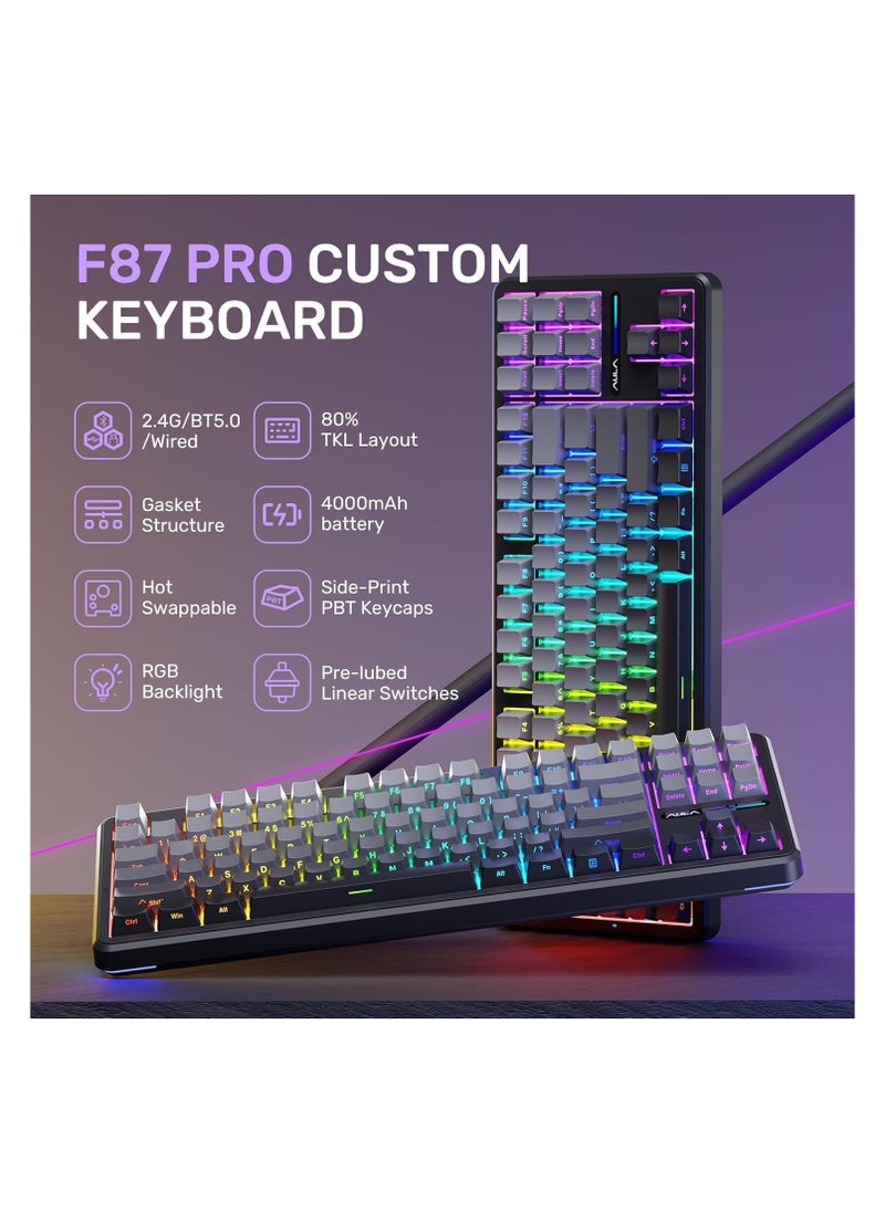 AULA - AULA F87 Wireless Side Engraved Keycaps Mechanical Keyboard,Tri-Mode BT5.0/2.4GHz/USB-C Gasket Hot Swappable, Pre-lubed Switches,75% TKL RGB Gaming Keyboard (Gradient Gray, Reaper Switch) - Image 1