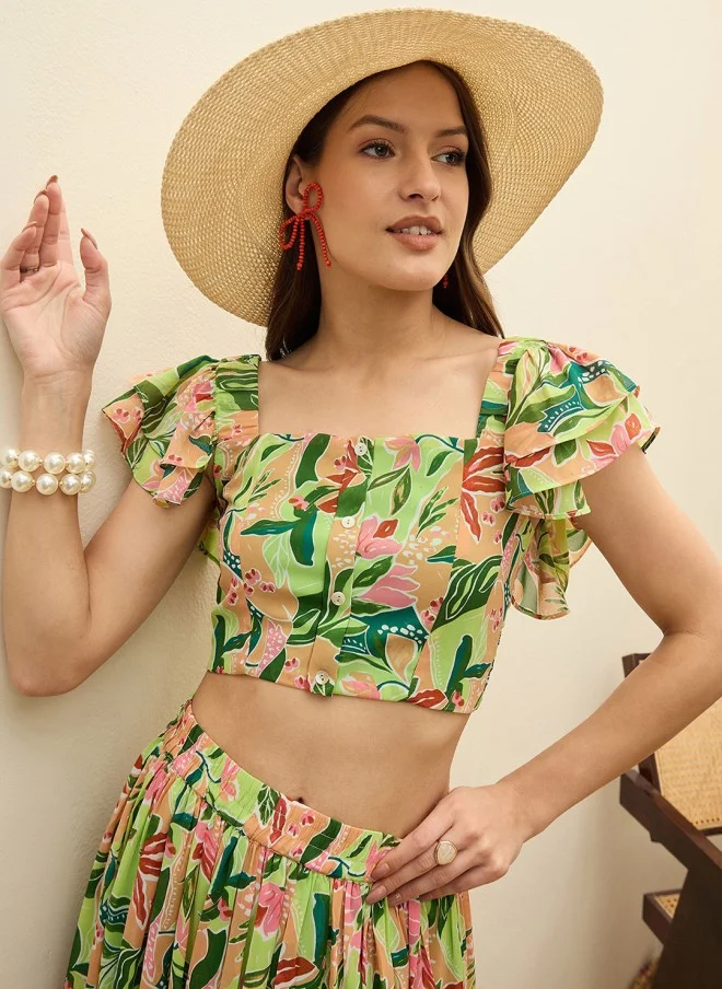 SASSAFRAS Floral Printed Crop Top And Maxi Skirt Co-Ords For Women