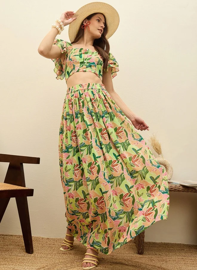 SASSAFRAS Floral Printed Crop Top And Maxi Skirt Co-Ords For Women